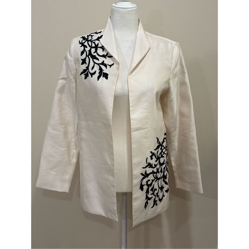 Victor Costa Occasion Women's Beaded Embroidered Silk Coat Cream Black